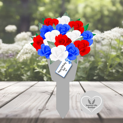 Red white and blue roses flower bouquet memorial grave marker