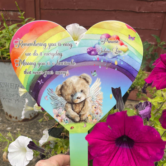 Remembering You Is Easy teddy bear rainbow baby grave marker