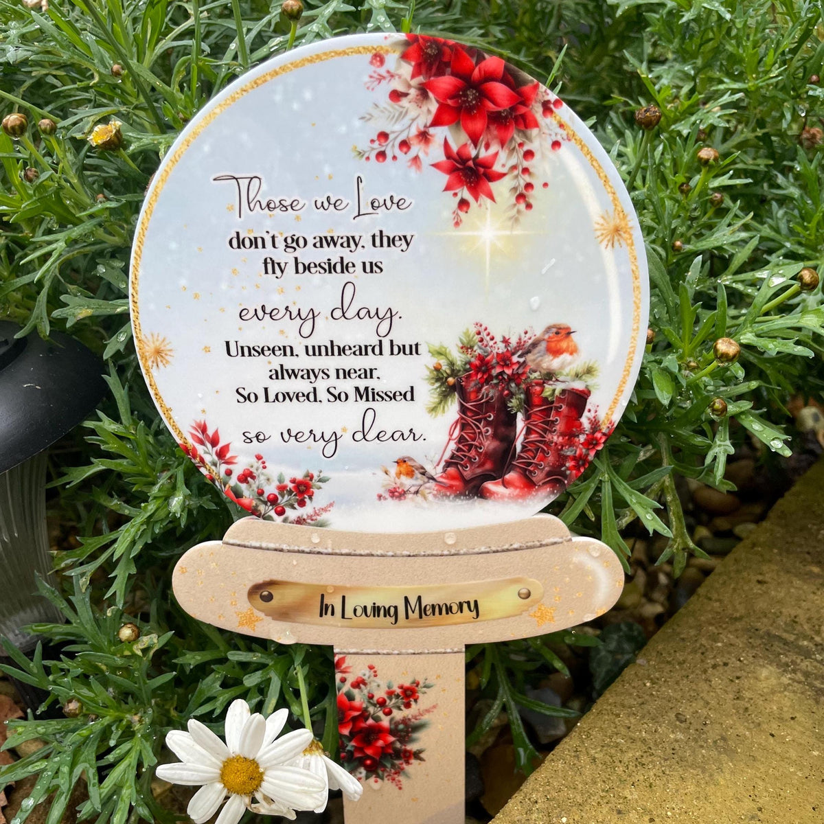 Robin and boots Christmas memorial grave marker