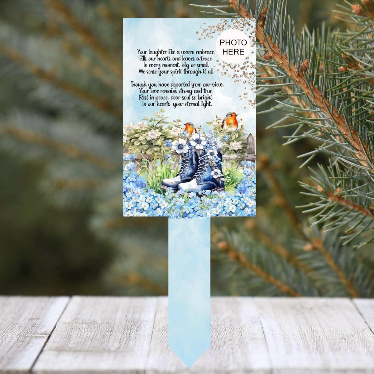 Robin and boots grave marker with your own remembrance poem