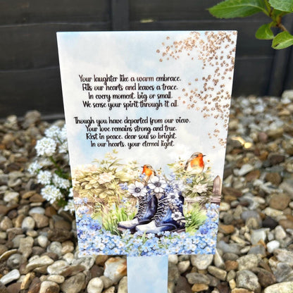 Robin and boots remembrance grave marker with memorial poem