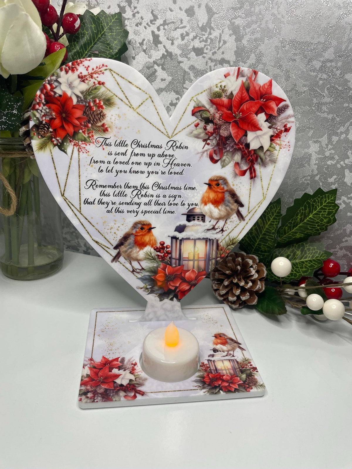 Robin Christmas heart memorial tealight holder for a loved one