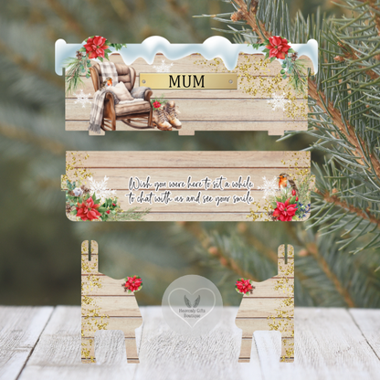 Robin Christmas remembrance bench with festive flowers and snowflake design