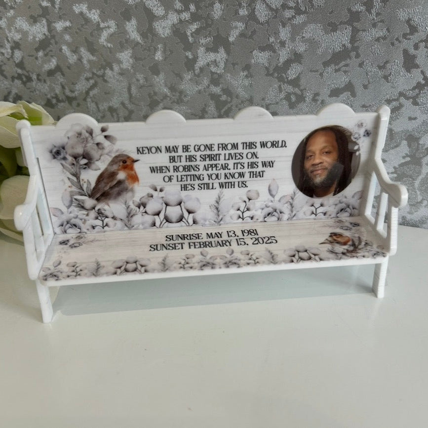 Personalised robin memorial bench with photo, dates and custom remembrance wording
