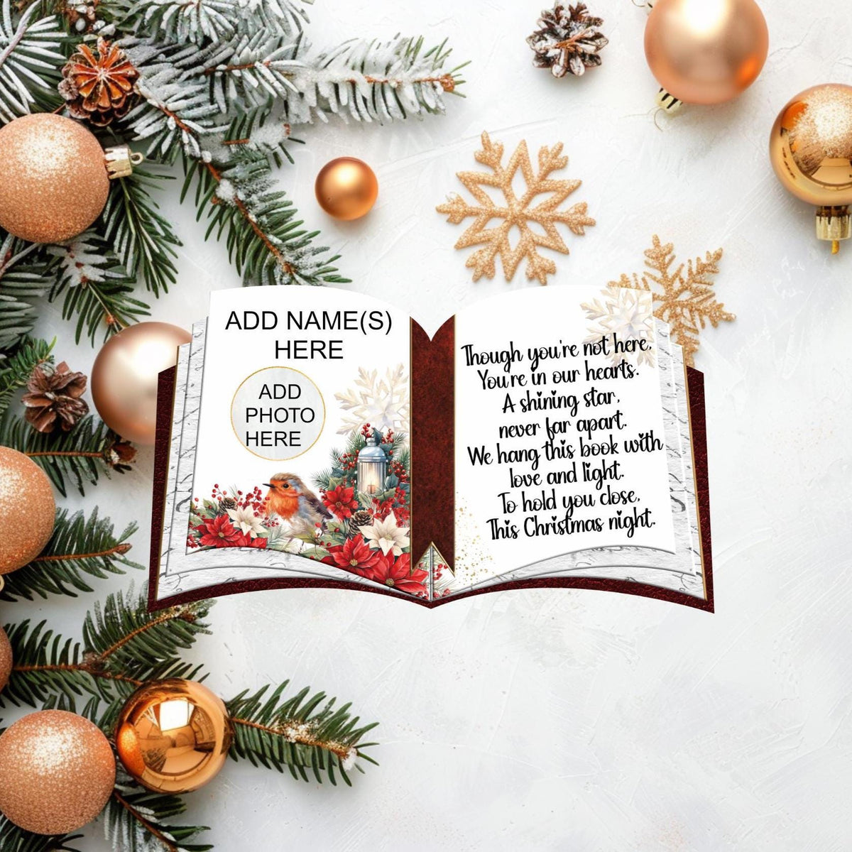 Robin Christmas memorial book decoration with photograph