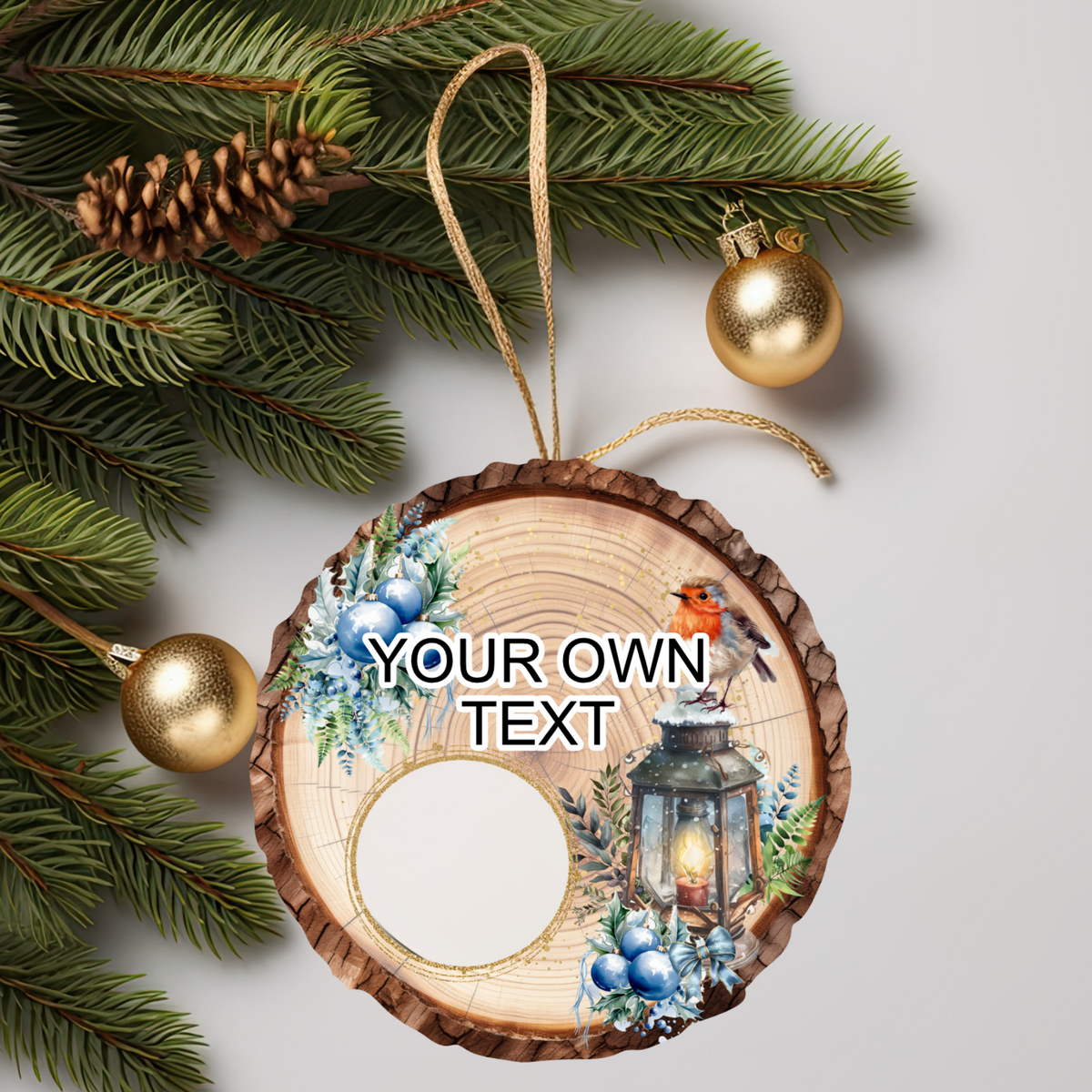 Robin memorial bauble with own wording and photograph