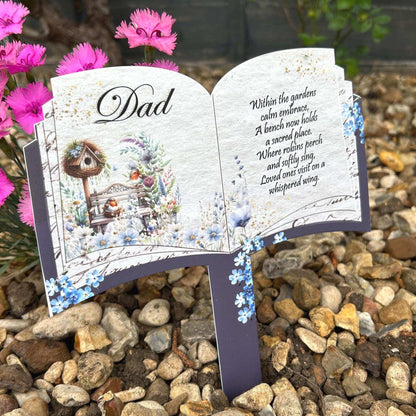 Robin open book memorial grave marker with remembrance poem for a loved one