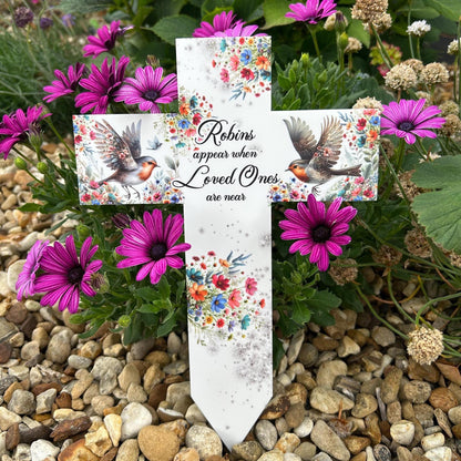 Robin and spring flowers cross grave marker for graveside remembrance