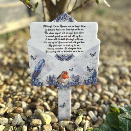 Close-up of the robin detail on the letter to heaven marker at graveside