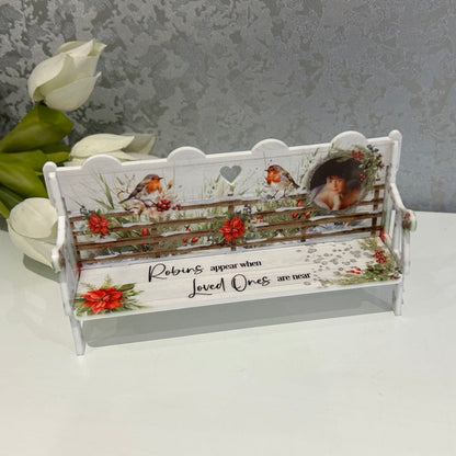 Personalised Robins Appear Christmas memorial bench with loved one photo and festive robin design