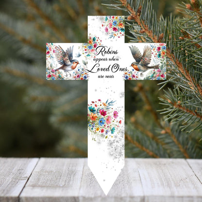 Robins Appear cross grave marker with robin and spring flower design