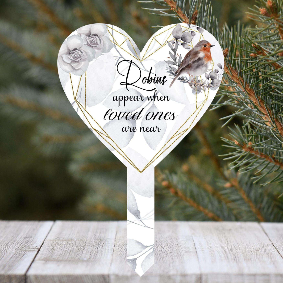 Robins Appear heart grave marker with robin and floral memorial design