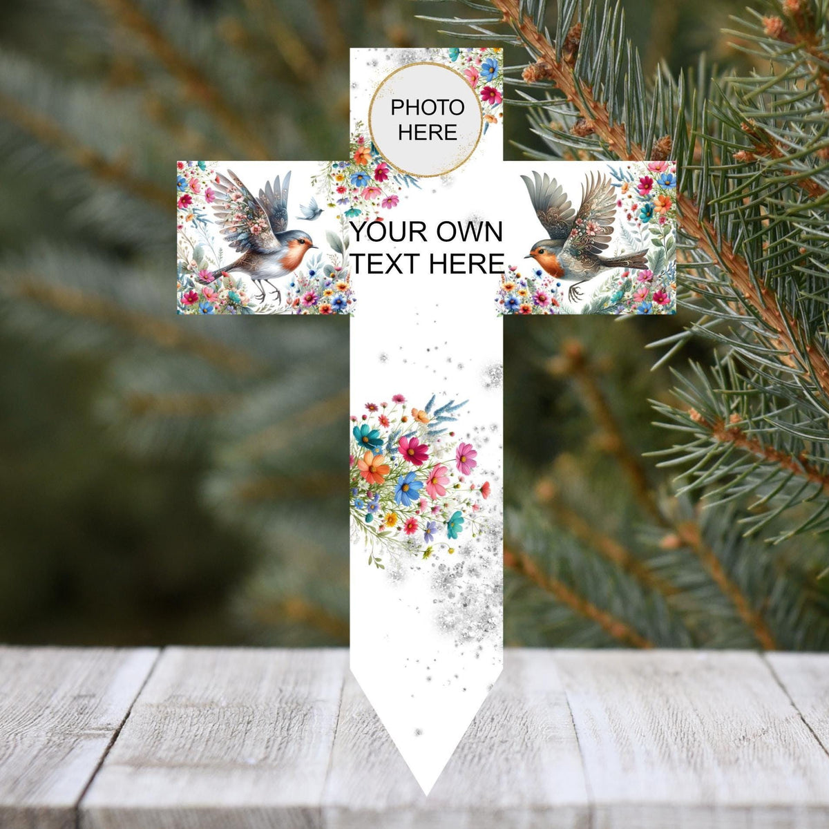 Robins Appear memorial cross grave marker for a loved one