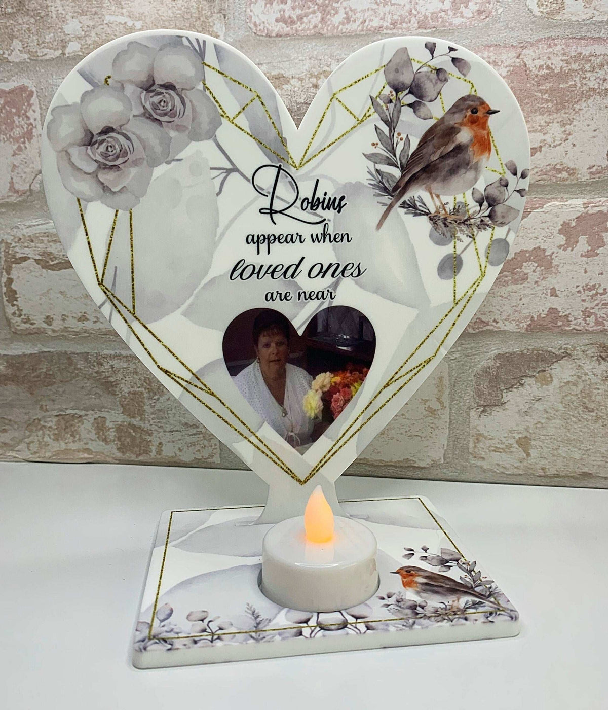 Robins Appear memorial tealight heart plaque personalised for a loved one