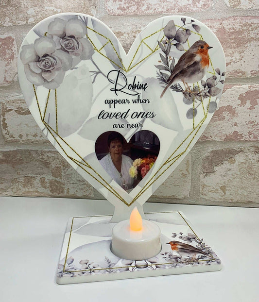 Robins Appear memorial tealight heart plaque personalised for a loved one