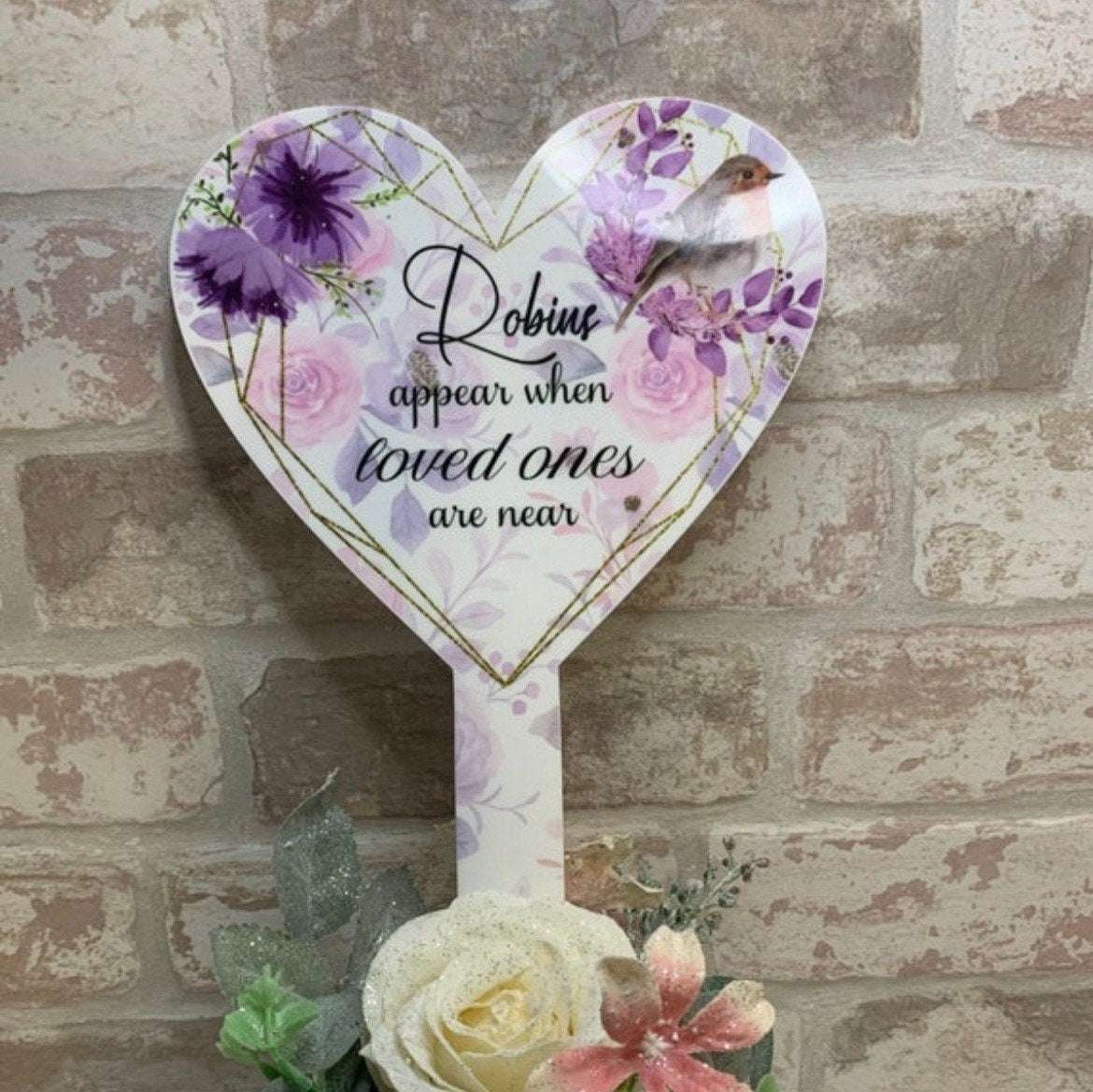 Robins Appear When Loved Ones Are Near purple floral grave marker