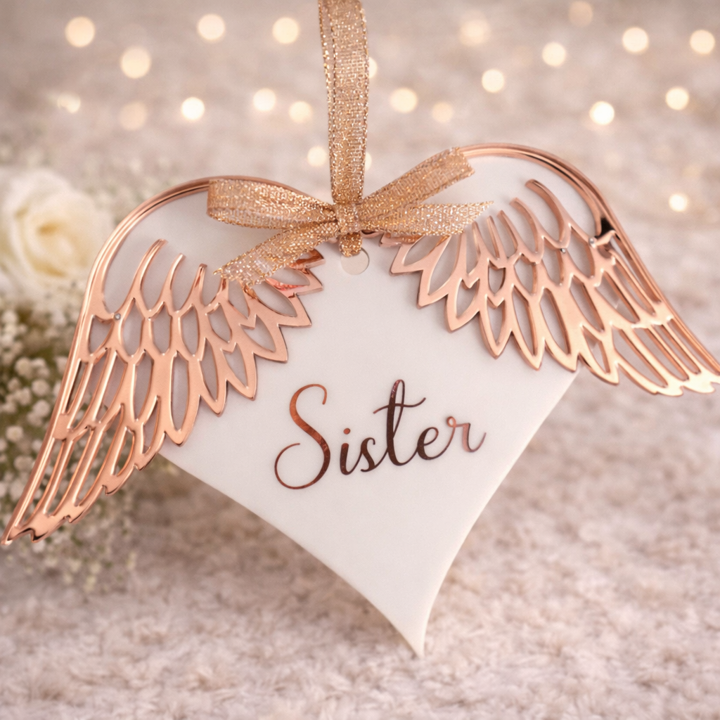 Rose gold angel wings memorial hanging decoration personalised for a loved one