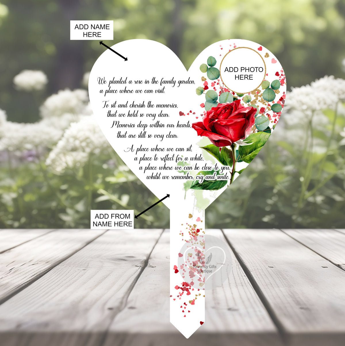 Rose poem heart marker for a grave or remembrance garden