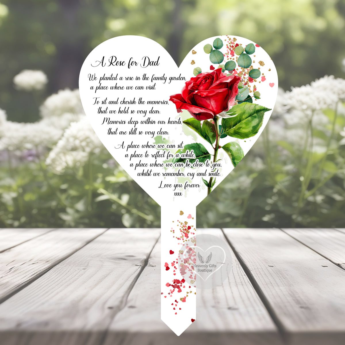 Rose poem heart grave marker shown as a memorial tribute