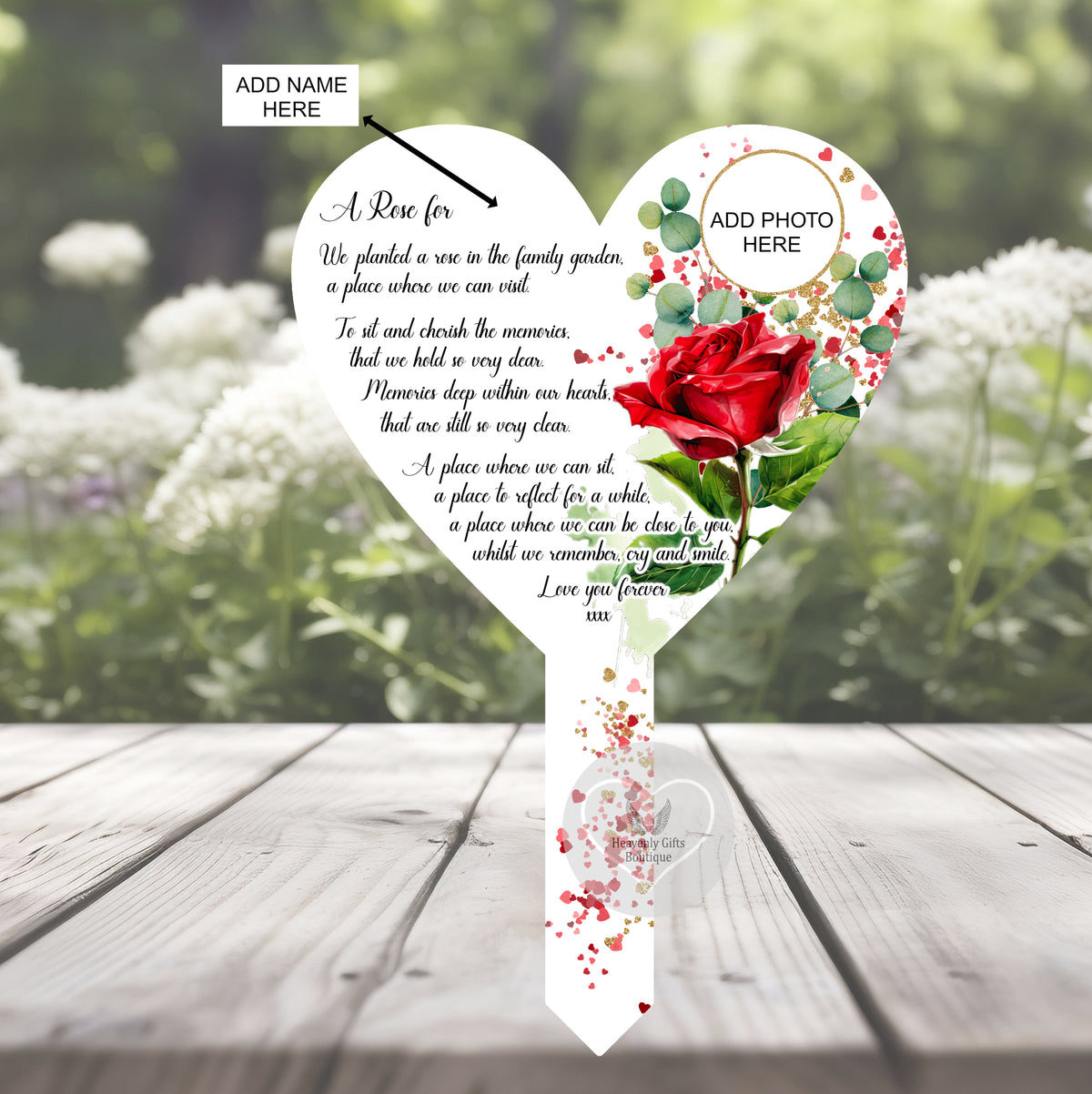 Floral rose poem memorial heart marker for graveside remembrance
