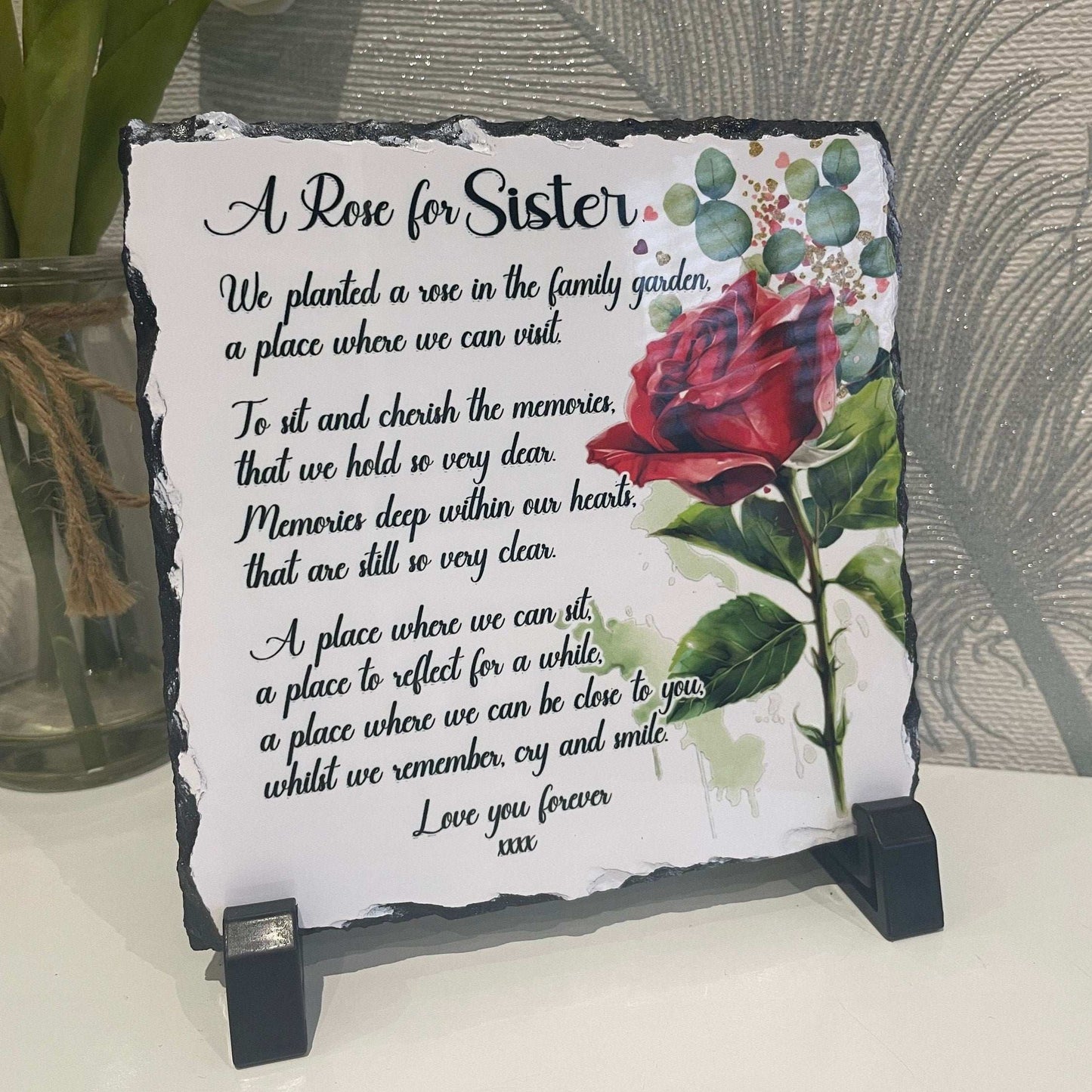 Rose remembrance memorial slate with personalised wording