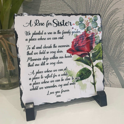 Rose remembrance memorial slate with personalised wording