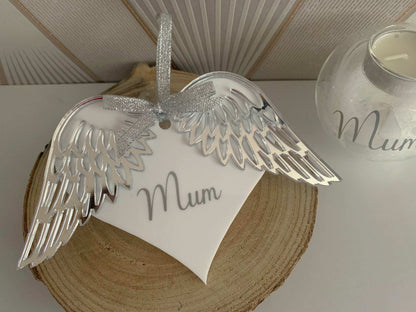 Silver mirrored angel wings hanging decoration with personalised heart