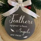 Silver glitter feather memorial Christmas bauble