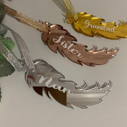 Silver personalised memorial feather remembrance decoration