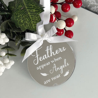 Silver mirror feather memorial Christmas bauble