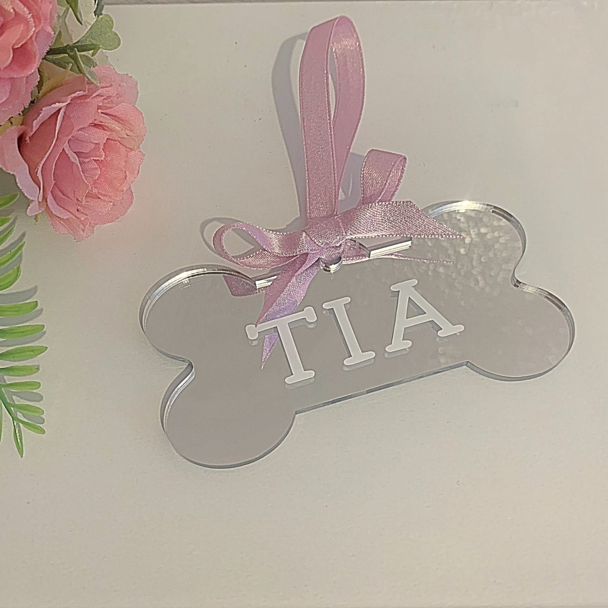 Mirror silver personalised pet bone Christmas bauble