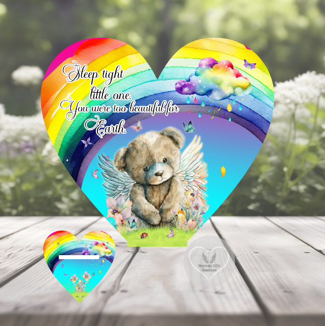 Sleep Tight Little One memorial heart plaque with rainbow and angel teddy