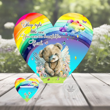 Sleep Tight Little One memorial heart plaque with rainbow and angel teddy