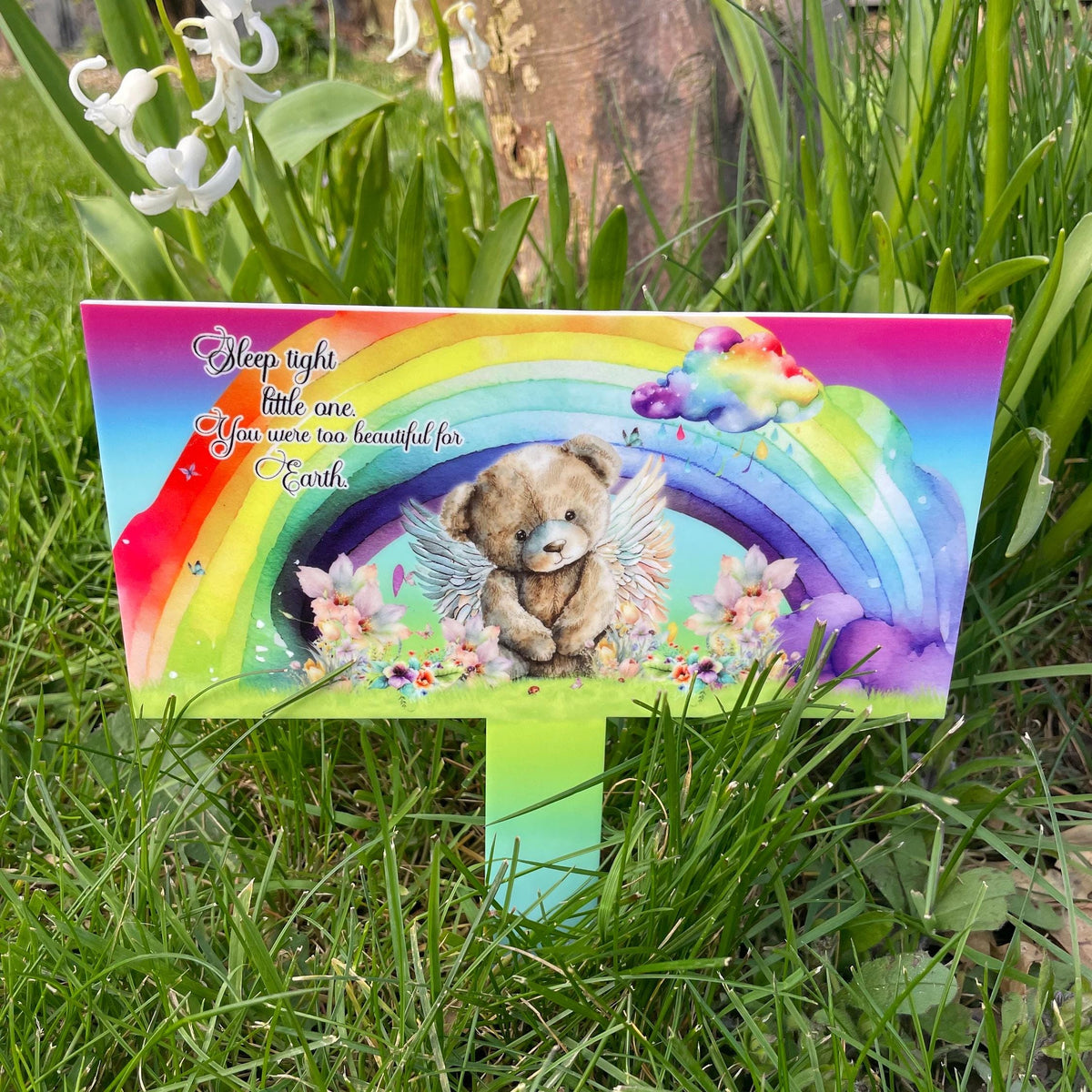 Teddy bear baby remembrance grave marker with rainbow design