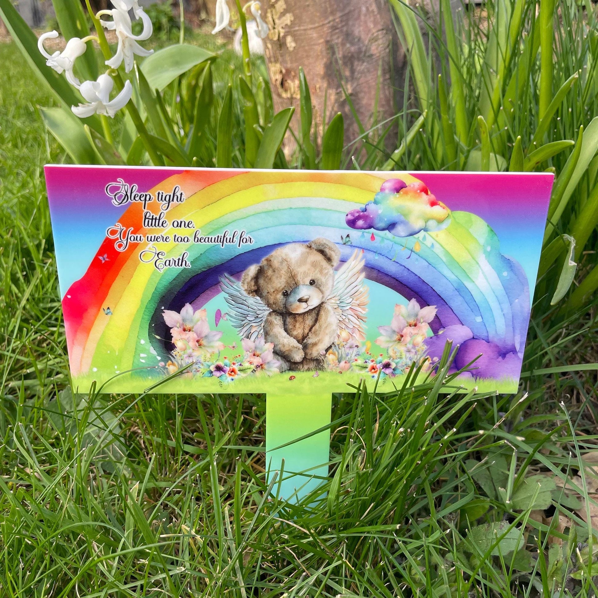 Teddy bear baby remembrance grave marker with rainbow design