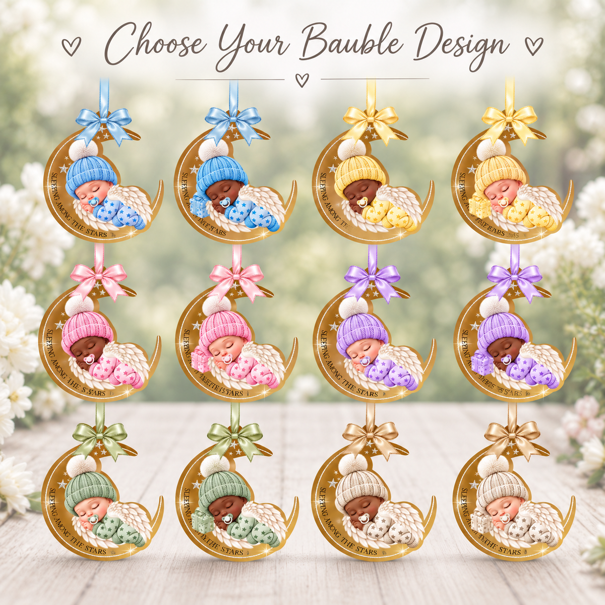 Sleeping Angel Baby memorial bauble collection showing six outfit colours, two baby skin tones and matching satin ribbon bows.