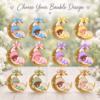 Sleeping Angel Baby memorial bauble collection showing six outfit colours, two baby skin tones and matching satin ribbon bows.