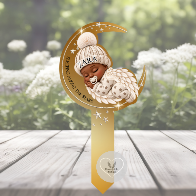 Sleeping Angel Baby acrylic memorial grave marker showing available outfit colour and skin tone options.