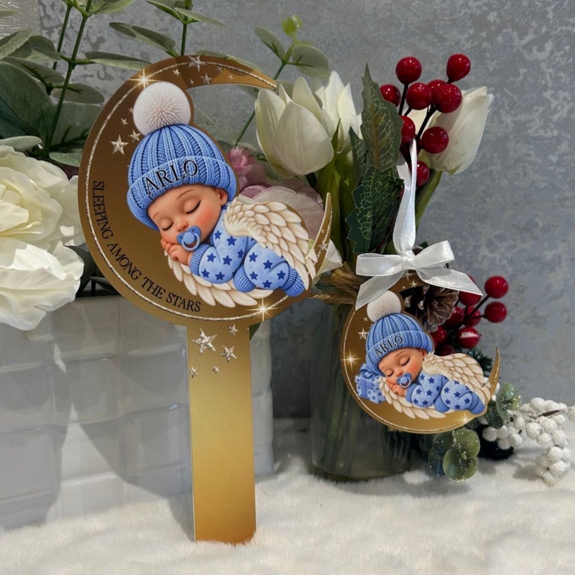 Personalised blue Sleeping Angel Baby acrylic grave marker with free matching memorial bauble, gold crescent moon and optional name on baby's hat.
