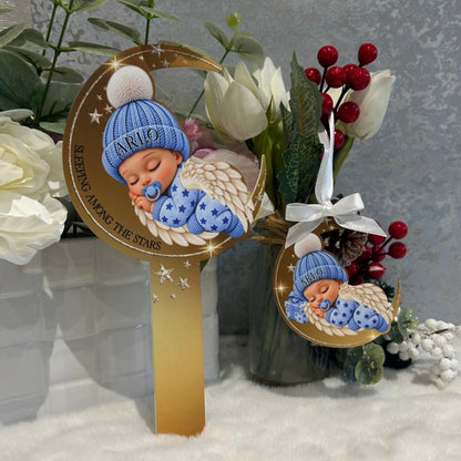 Personalised blue Sleeping Angel Baby acrylic grave marker with free matching memorial bauble, gold crescent moon and optional name on baby's hat.