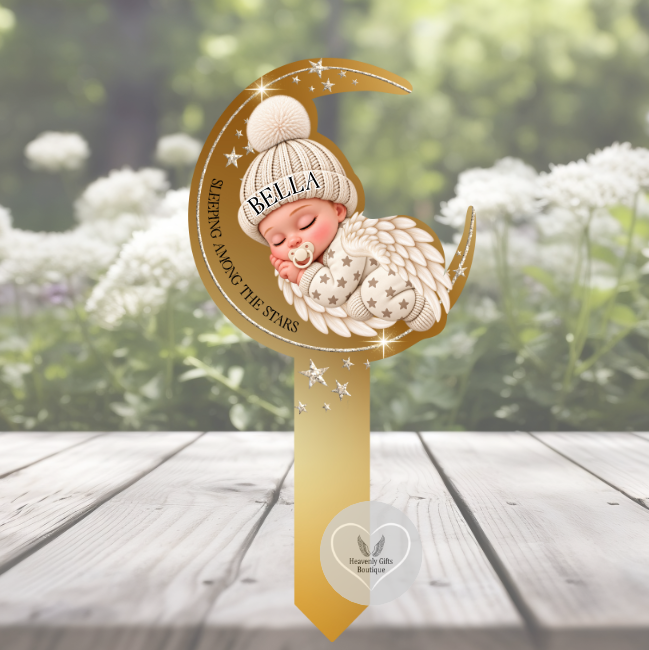 Sleeping Angel Baby Grave Marker with free matching acrylic memorial bauble, featuring a sleeping baby in a golden crescent moon.