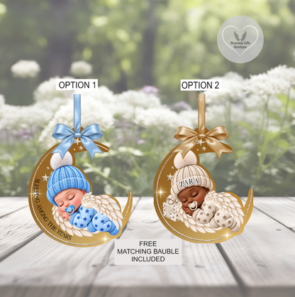Sleeping Angel Baby memorial bauble product mockup showing available designs and personalisation choices.