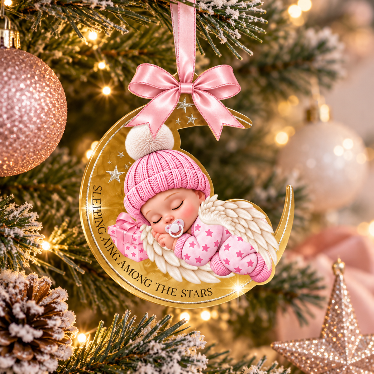 Sleeping Angel Baby memorial Christmas bauble featuring a sleeping baby inside a gold crescent moon with angel wings and satin ribbon.