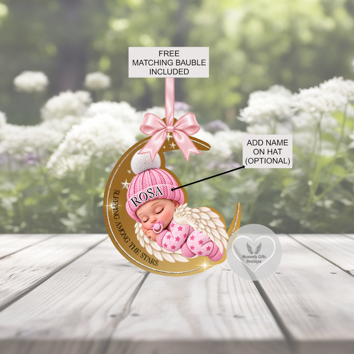 Two Sleeping Angel Baby memorial bauble design options available with the matching acrylic grave marker.