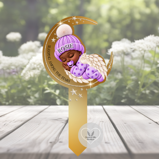 Personalised Sleeping Angel Baby grave marker featuring a golden moon and peaceful sleeping baby.
