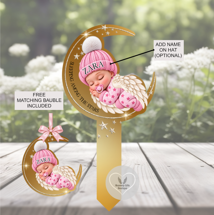 Sleeping Angel Baby memorial grave marker and matching bauble showing the available baby design options.