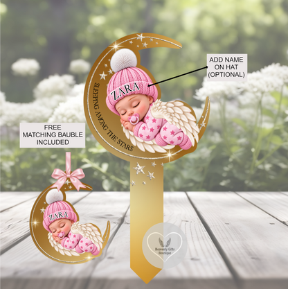 Sleeping Angel Baby memorial grave marker and matching bauble showing the available baby design options.