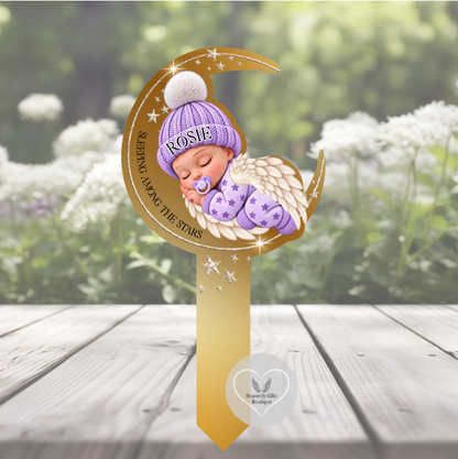 Sleeping Angel Baby acrylic grave marker design with optional name personalisation on the baby's hat.