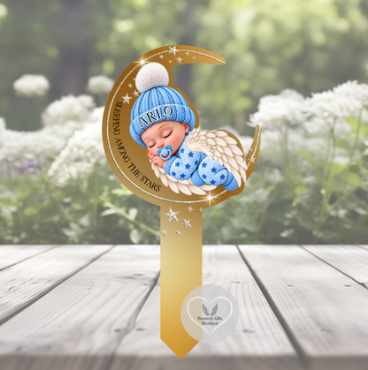 Sleeping Angel Baby memorial grave marker mockup with golden crescent moon, angel wings and remembrance wording.