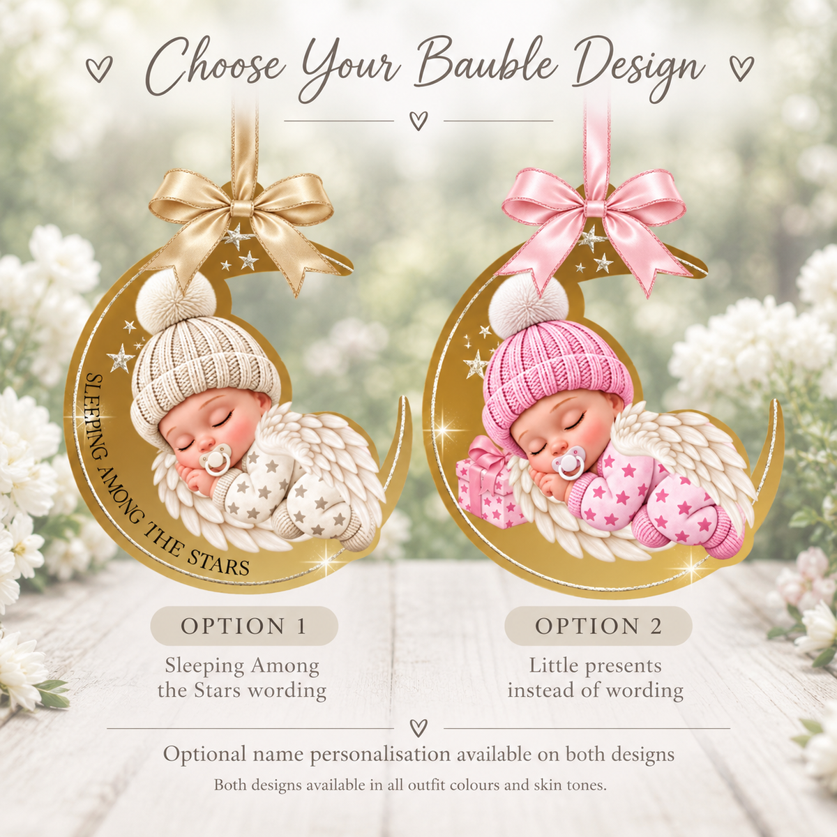 Sleeping Angel Baby memorial bauble design choices showing Option 1 with Sleeping Among the Stars wording and Option 2 with little presents.